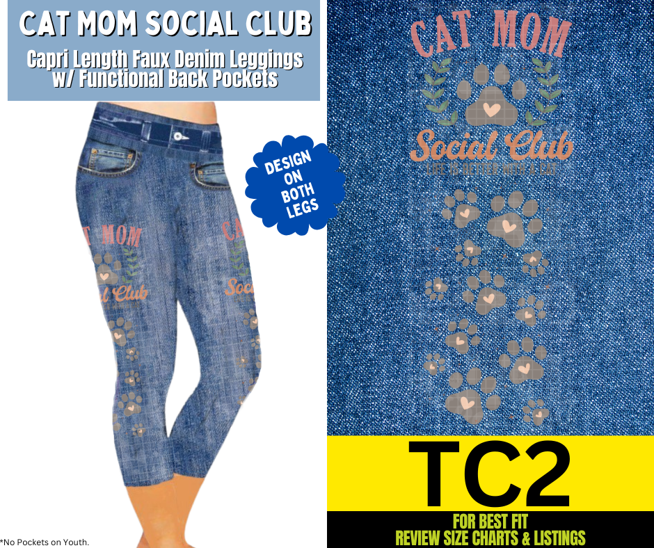 Cat Mom Social Club Capri Faux Denim w/ Side Leg Designs