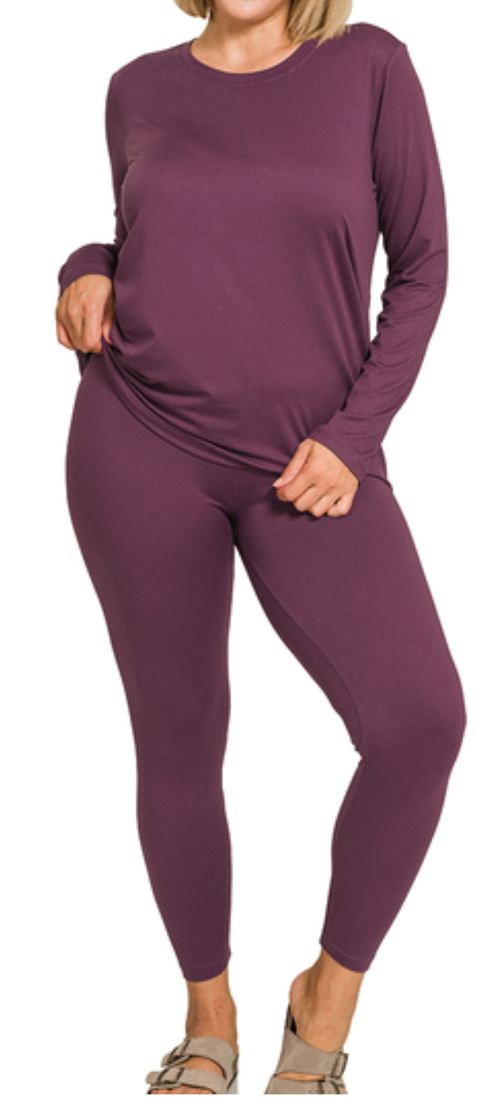 PLUS SIZE BRUSHED DTY MICROFIBER ROUND NECK TOP AND LEGGINGS SET IN EGGPLANT