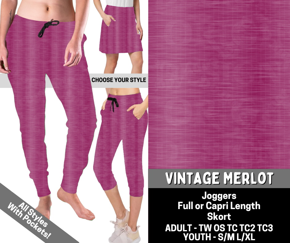 Preorder! Closes 6/15. ETA Sept. Vintage Merlot Combo Jogger Lengths & Skort