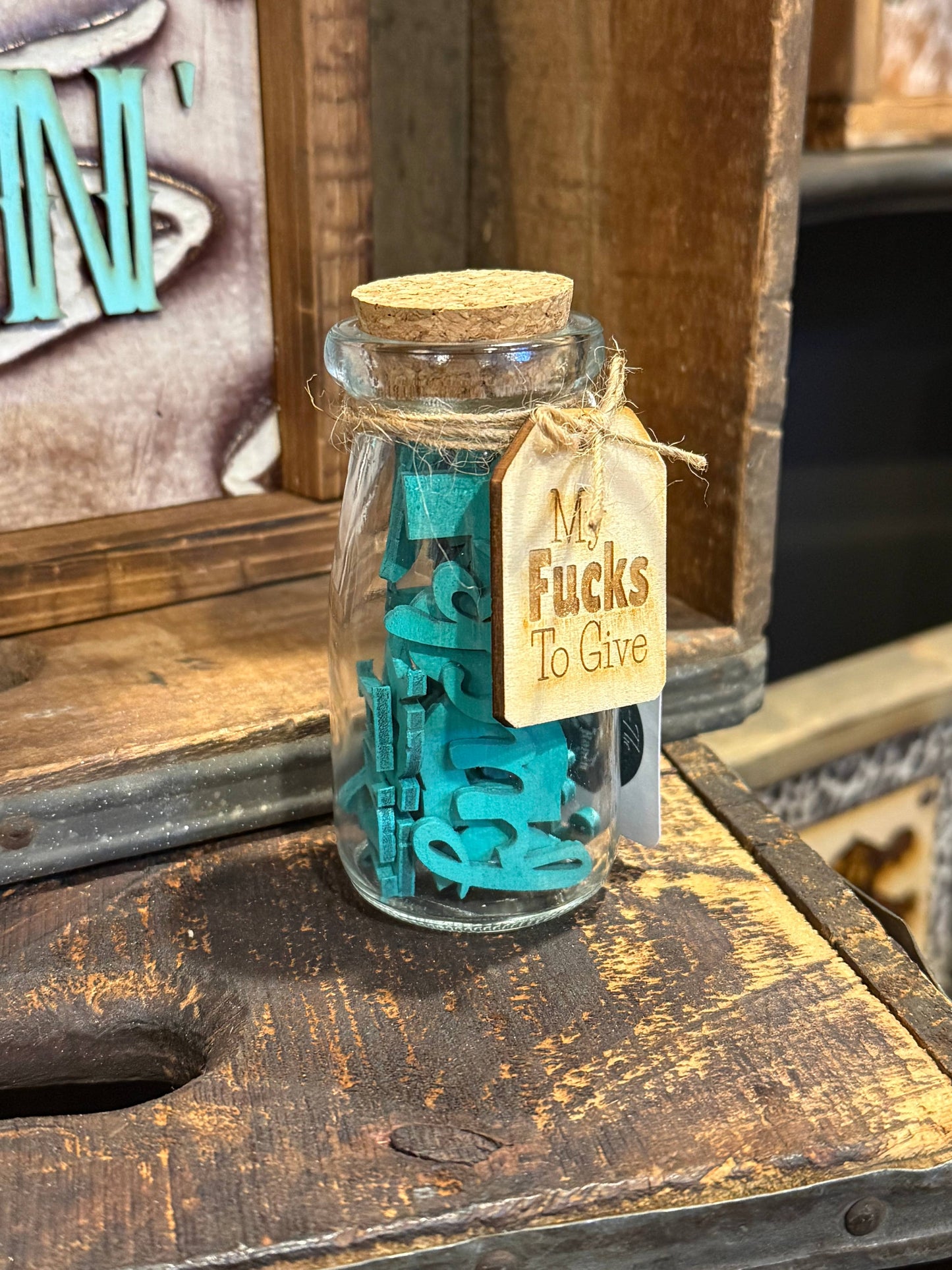 TURQUOISE COLORED JAR OF FU&KS - SARCASTIC GAG GIFT