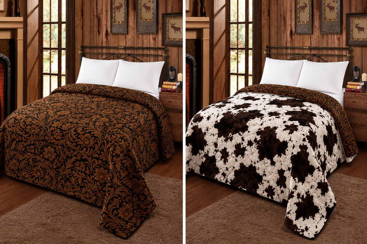 BROWN FLORAL AND COW PRINT REVERSIBLE OVERSIZED KING BLANKET