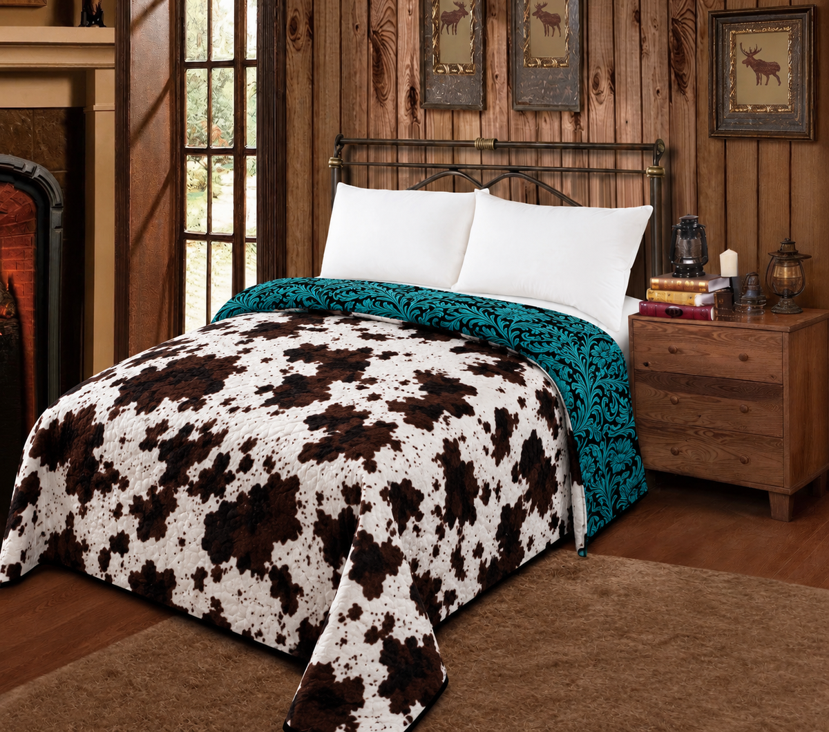TURQUOISE FLORAL WITH COWPRINT REVERSIBLE BLANKET - OVERSIZED KING SIZE