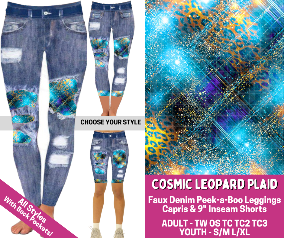 Preorder! Closes 6/18. ETA Sept. Cosmic Leopard Plaid Combo Faux Denim Peekaboo Legging Lengths