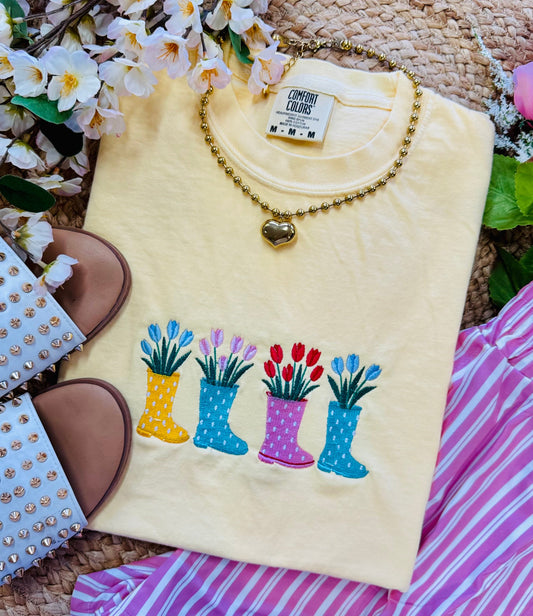 Tulips and Rubber Boots Embroidered Tee