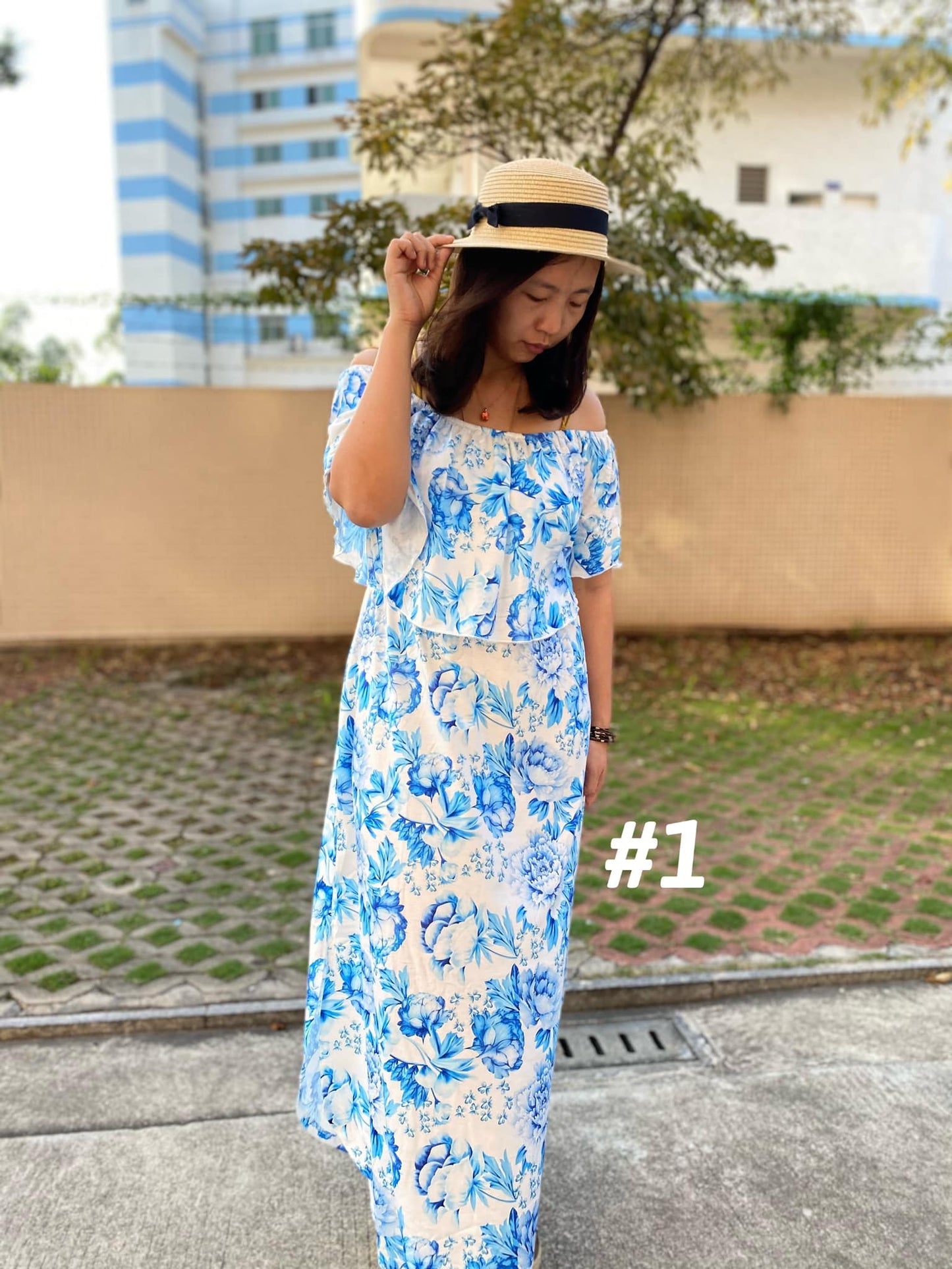 OFF THE SHOULDER BLUE FLORAL MAXI DRESS