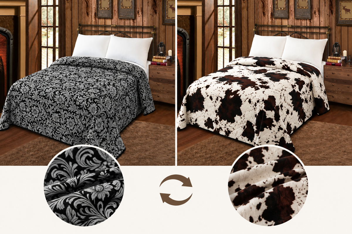 GREY FLORAL AND COWPRINT REVERSIBLE MIA BLANKET - KING SIZE