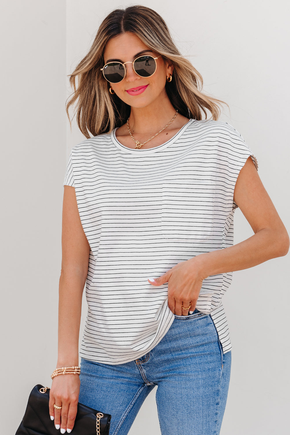 Tilly Stripe Cap Sleeve Crew Neck top