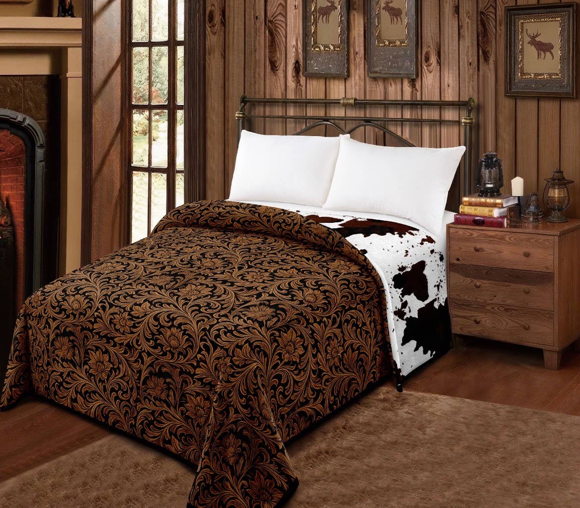 BROWN FLORAL AND COW PRINT REVERSIBLE OVERSIZED KING BLANKET