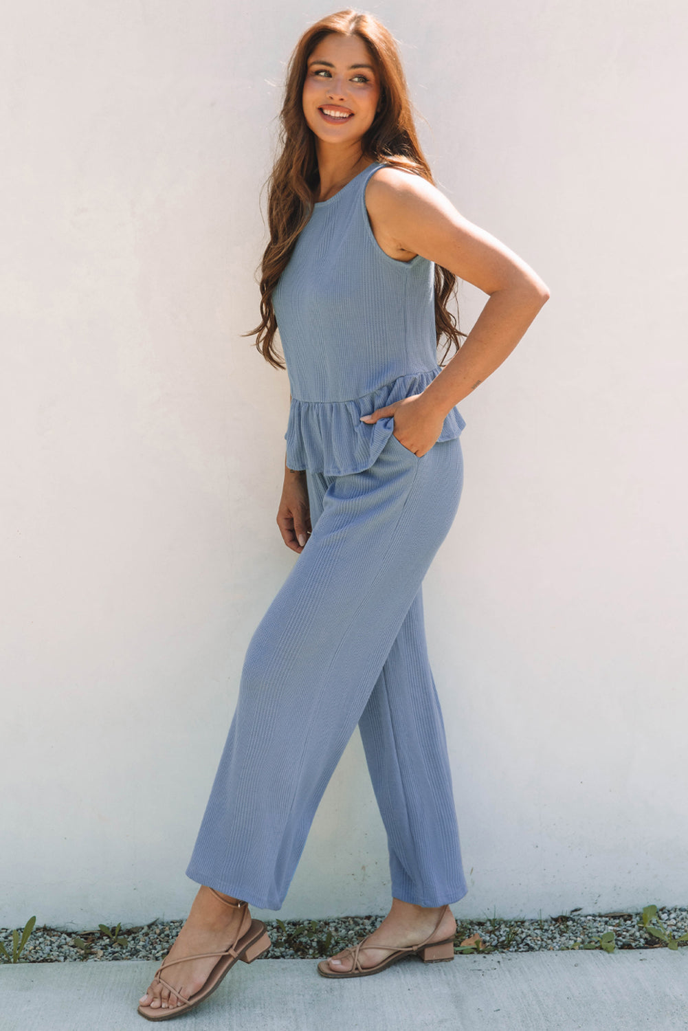 Teresa Ribbed Ruffle Tank Top and Pants Set