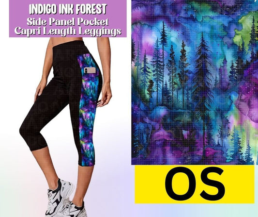 Indigo Ink Forest Squares Side Panel Pocket Capri Length Leggings