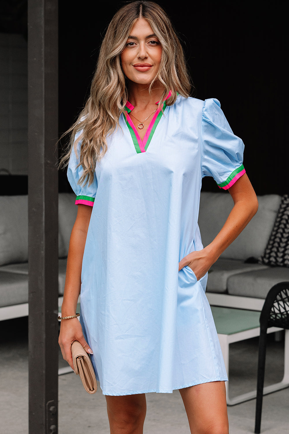 Lily Striped Notched V Neck Puff Sleeve Mini Dress