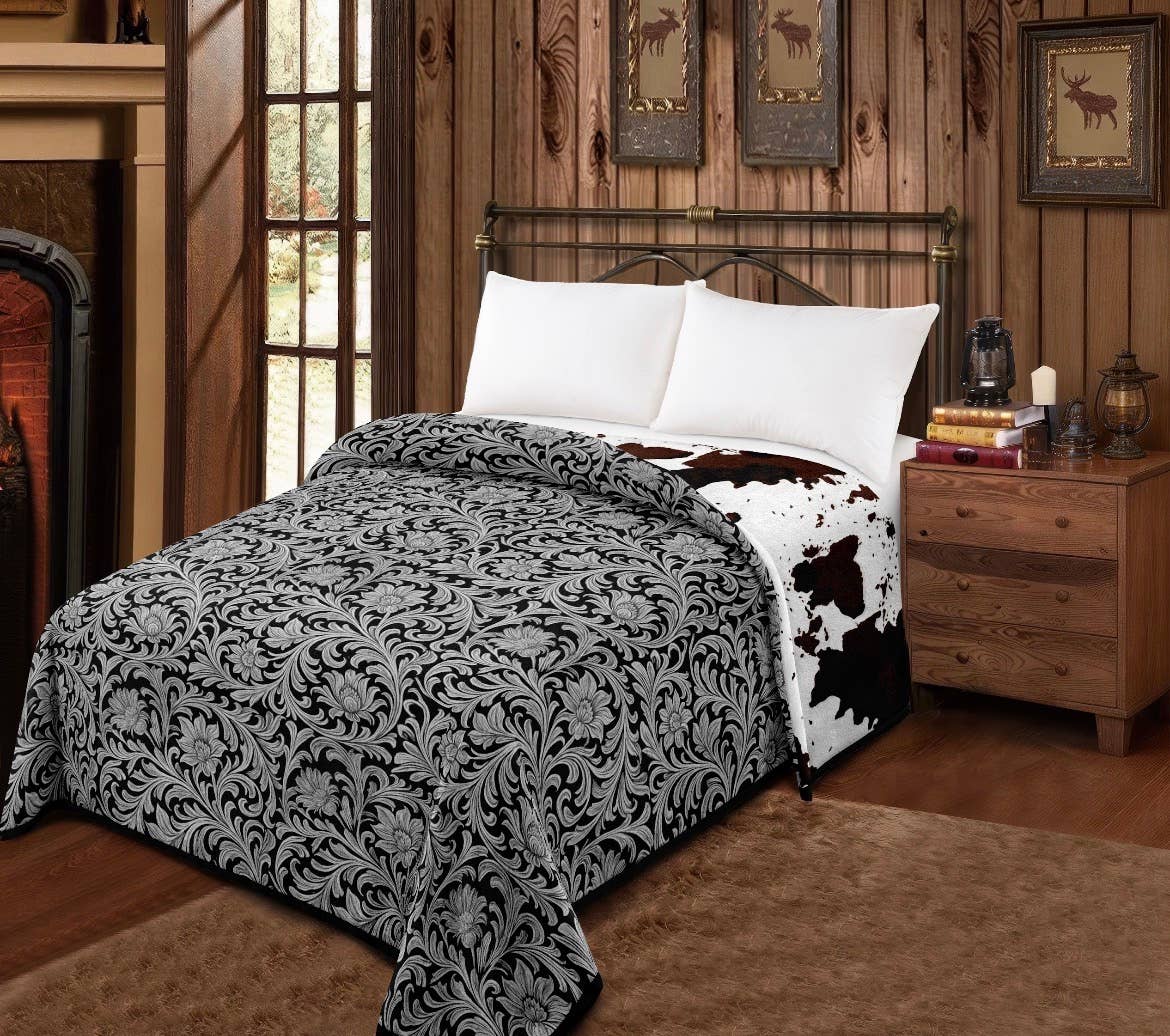 GREY FLORAL AND COWPRINT REVERSIBLE MIA BLANKET - KING SIZE