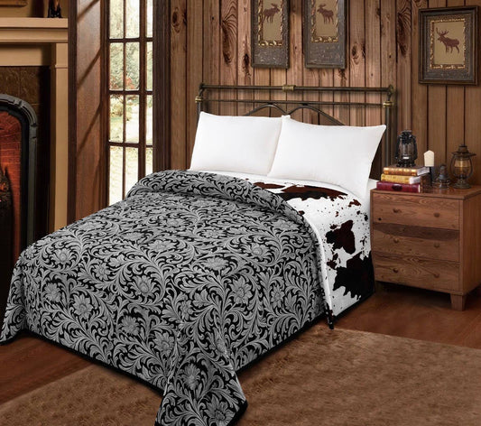 GREY FLORAL AND COWPRINT REVERSIBLE MIA BLANKET - KING SIZE