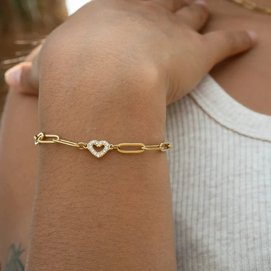 STAINLESS STEEL STONE HEART PAPER CLIP LINK CHAIN BRACELET - GOLD OR SILVER