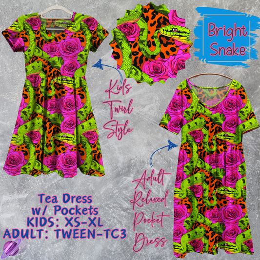 BRIGHT SNAKE - ADULT & KIDS - TEA DRESS RUN 3 - PREORDER CLOSING 3/11