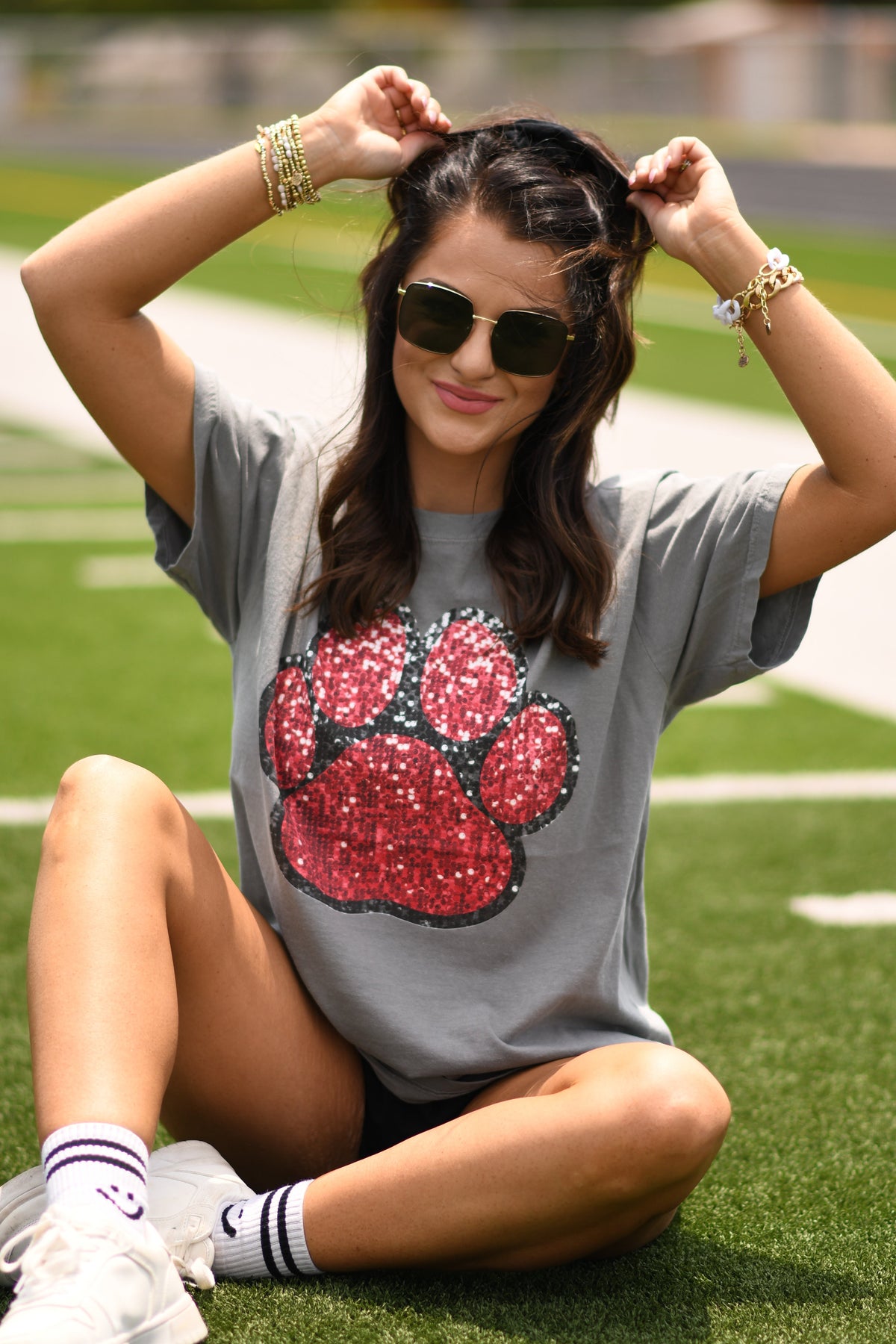 Red & Black Faux Glitter Paw Print Tee