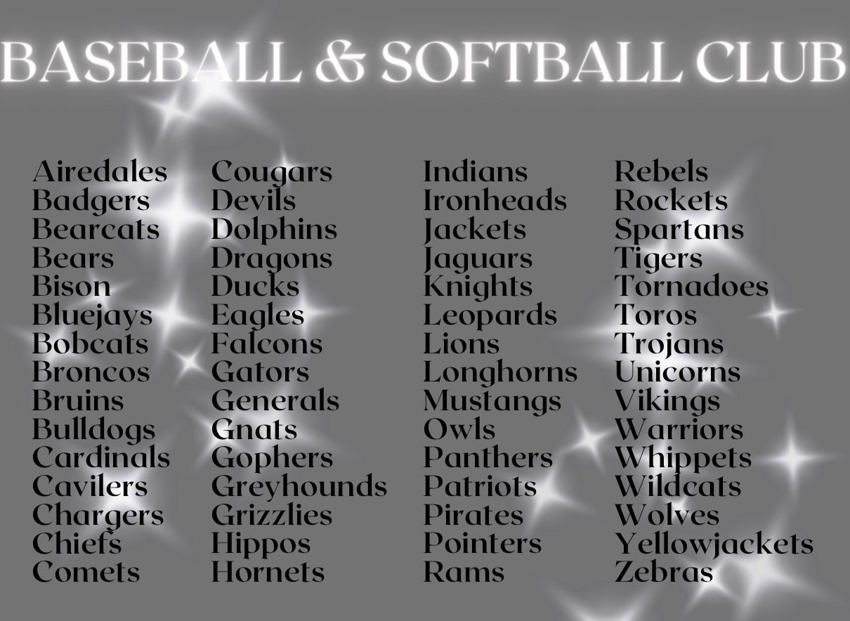 Baseball Club & Softball Club Mascot Tees (60 Mascots Available)