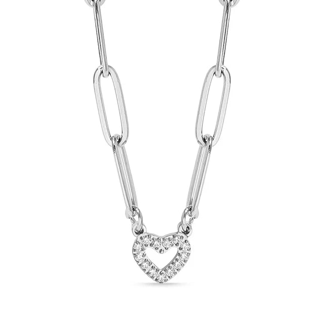 STAINLESS STEEL STONE HEART PAPER CLIP STYLE NECKLACE - GOLD AND SILVER