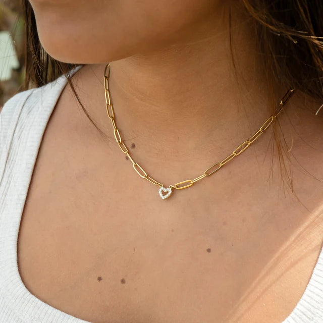 STAINLESS STEEL STONE HEART PAPER CLIP STYLE NECKLACE - GOLD AND SILVER
