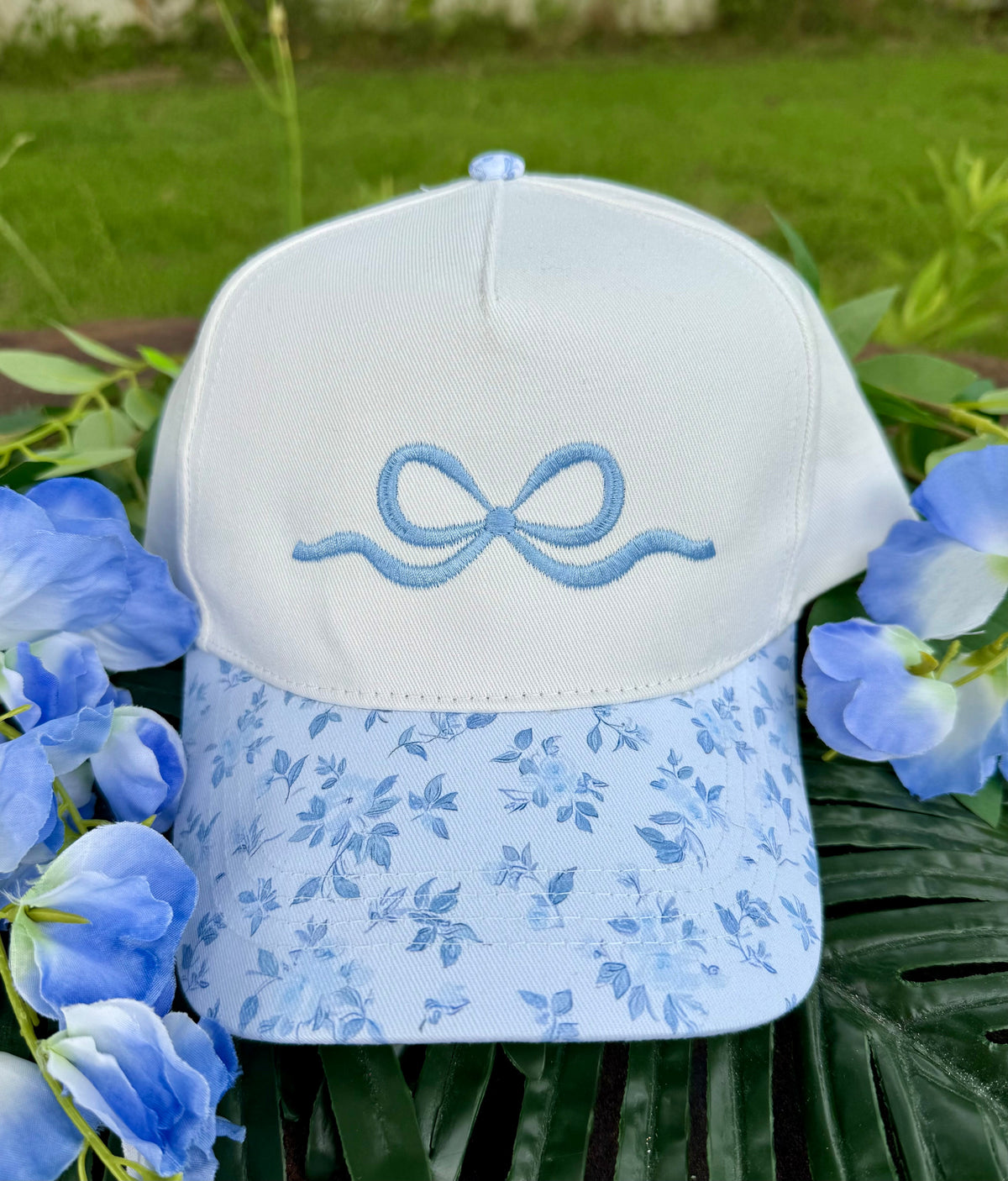 Blue Embroidered Bow Floral Hat