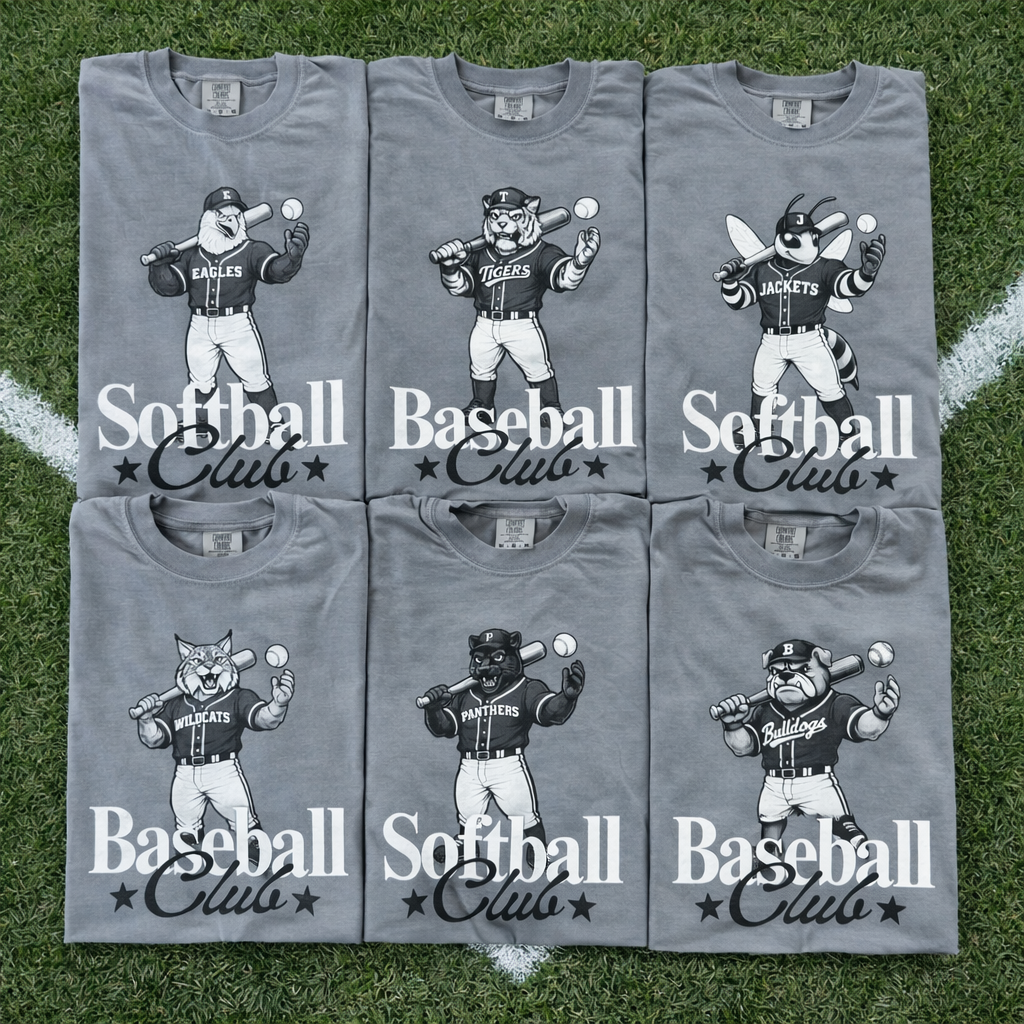 Baseball Club & Softball Club Mascot Tees (60 Mascots Available)