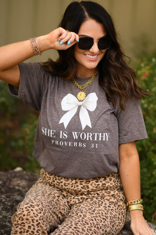She Is Worthy White Bow Tee