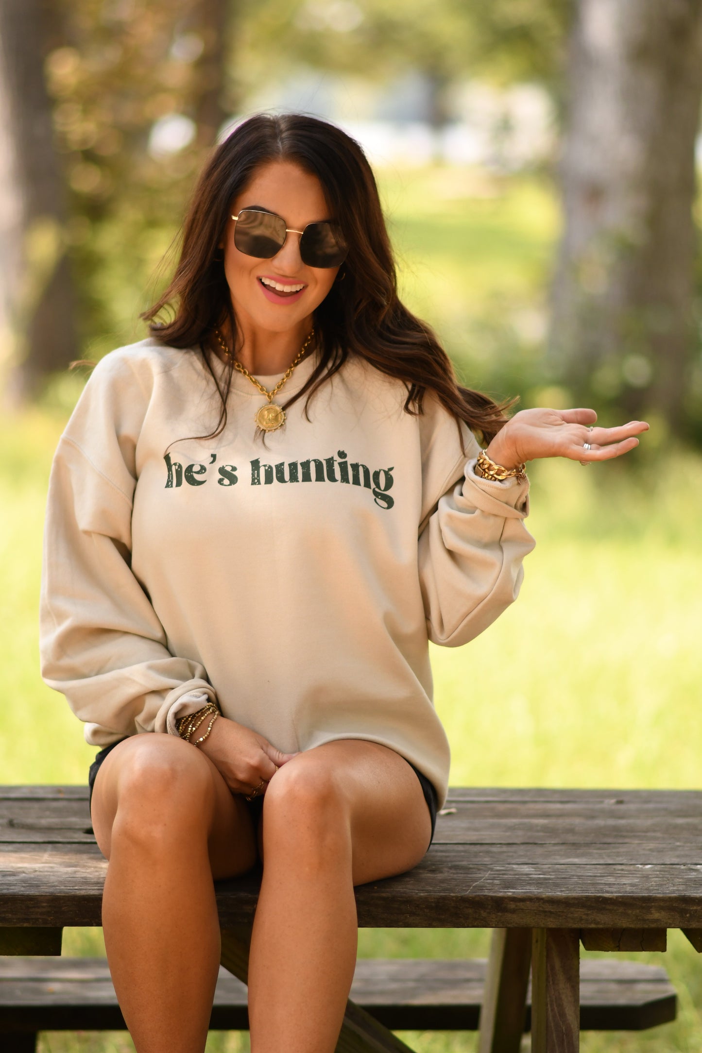 He's Hunting Tan Sweatshirts