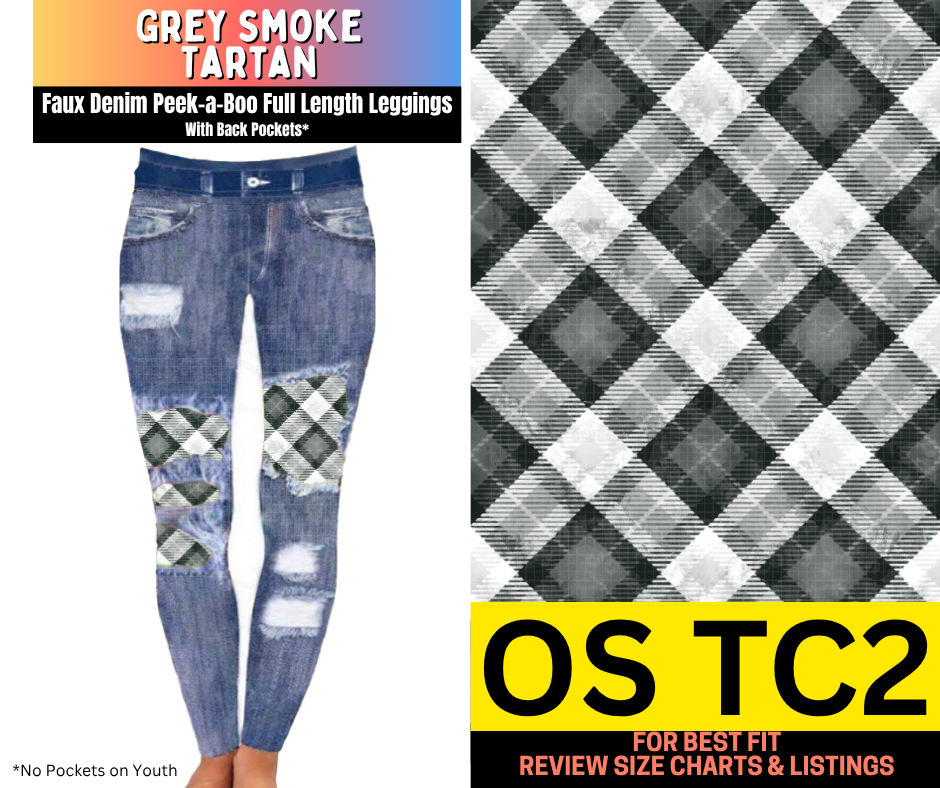Grey Smoke Tartan Faux Denim Full Length Peekaboo Leggings