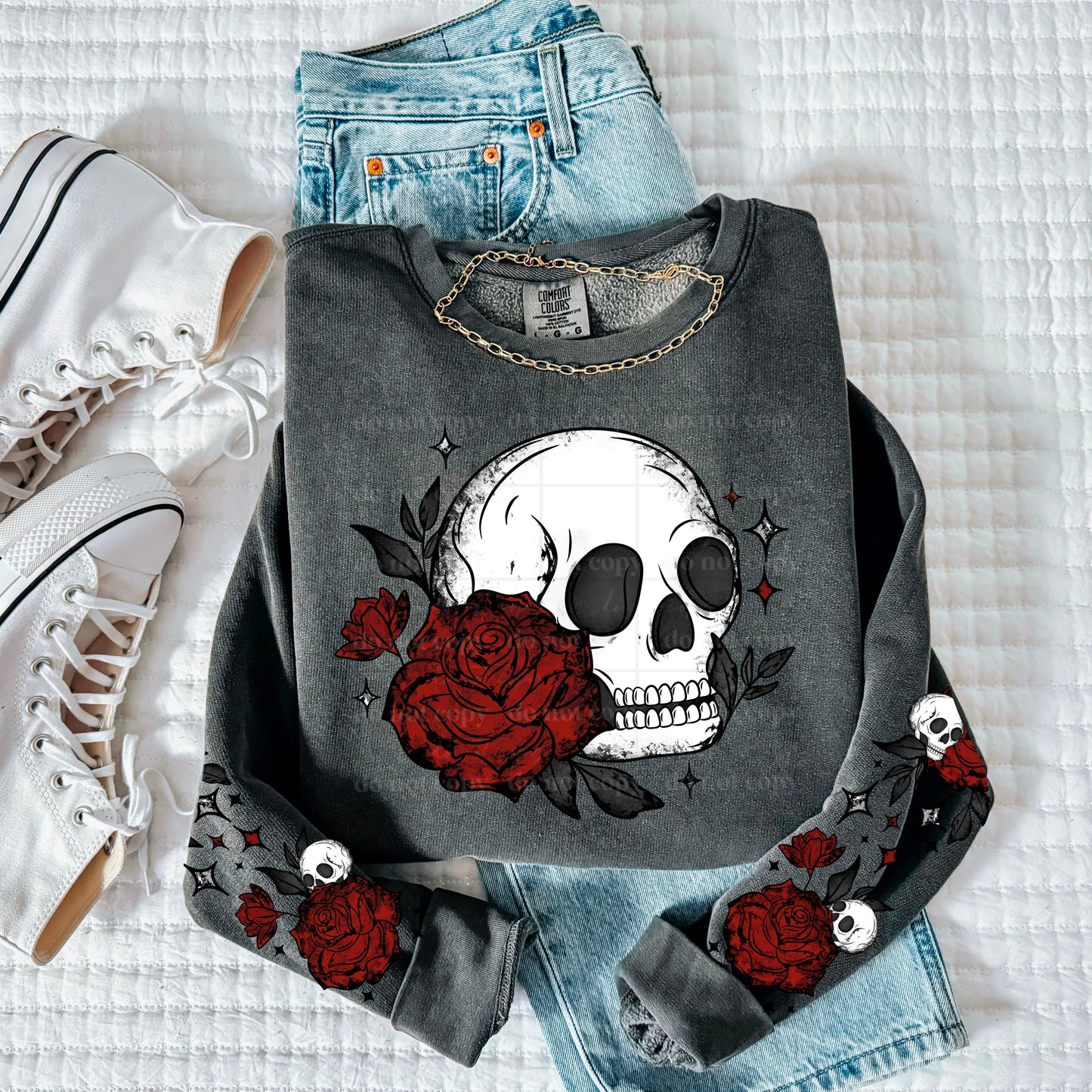 ROSE SKULL SWEATSHIRT W/ SLEEVE PRINT