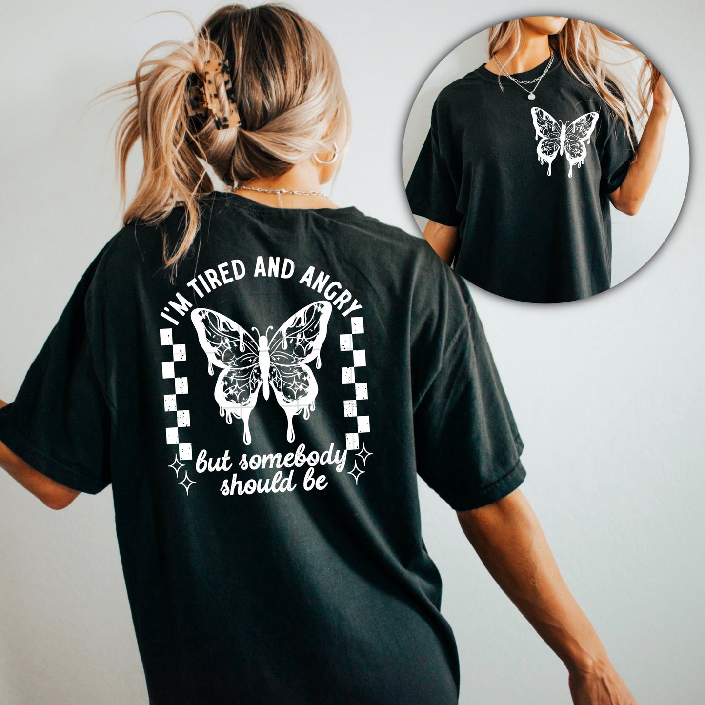 TIRED AND ANGRY - POCKET PRINT DOUBLE SIDED TEE