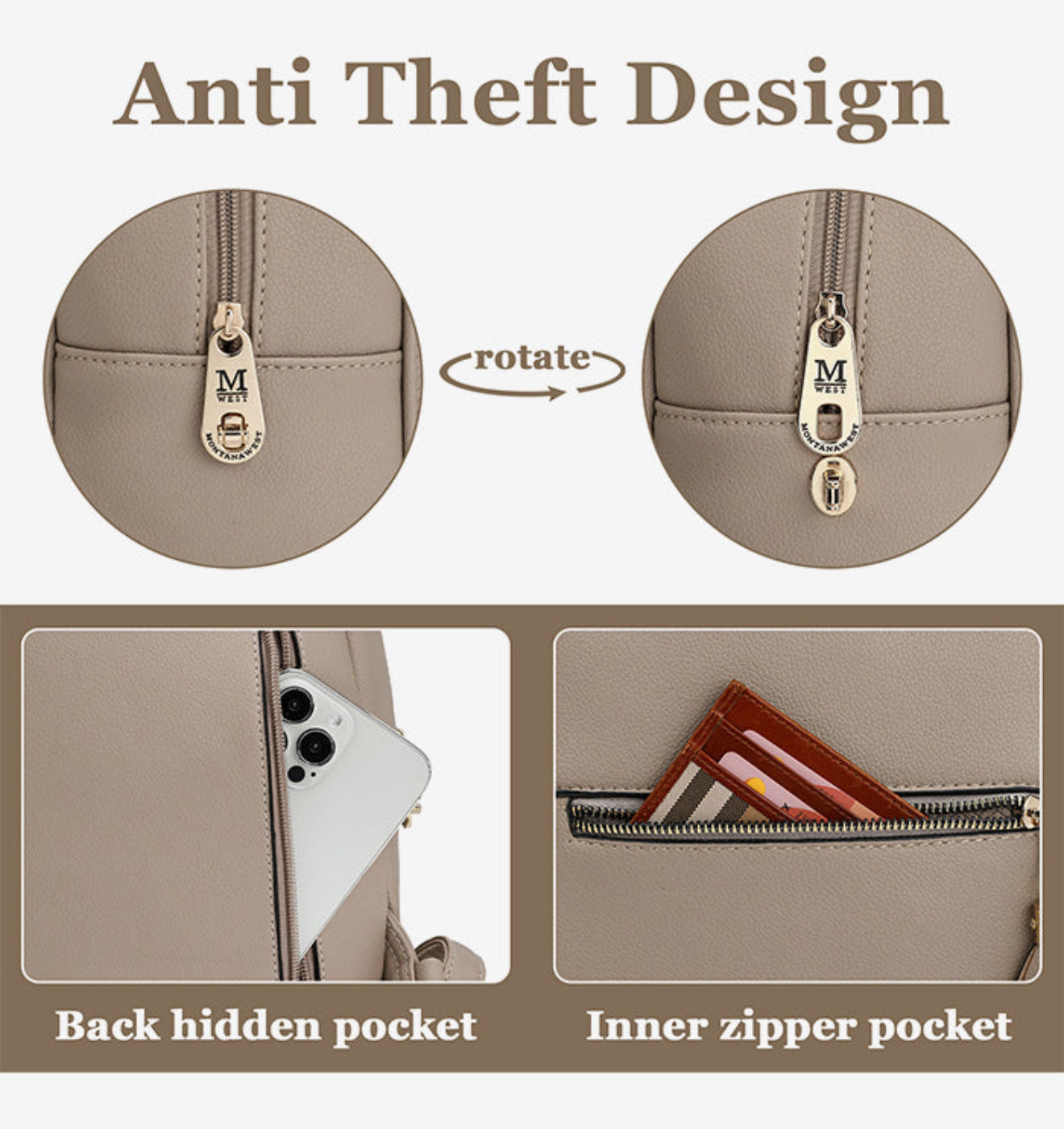 MONTANA WEST ANTI-THEFT BACKPACK IN TAUPE