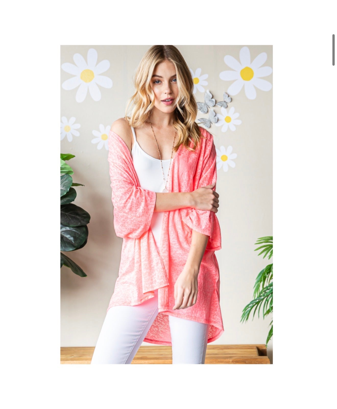 CORAL 3/4 SLEEVE BURNOUT CARDIGAN