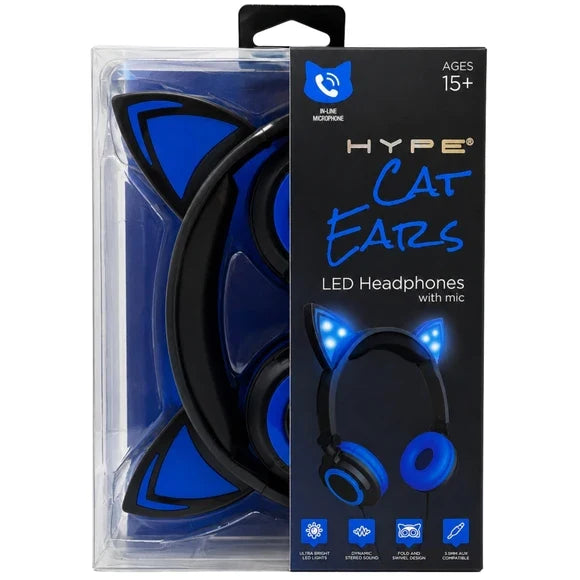 HYPE CAT EAR LED HEADPHONE IN BLUE WITH MICROPHONE | GREAT FOR THE KIDS