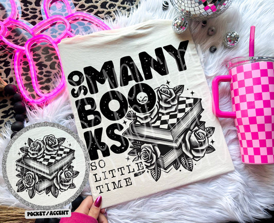 SO MANY BOOKS- POCKET PRINT DOUBLE SIDED TEE