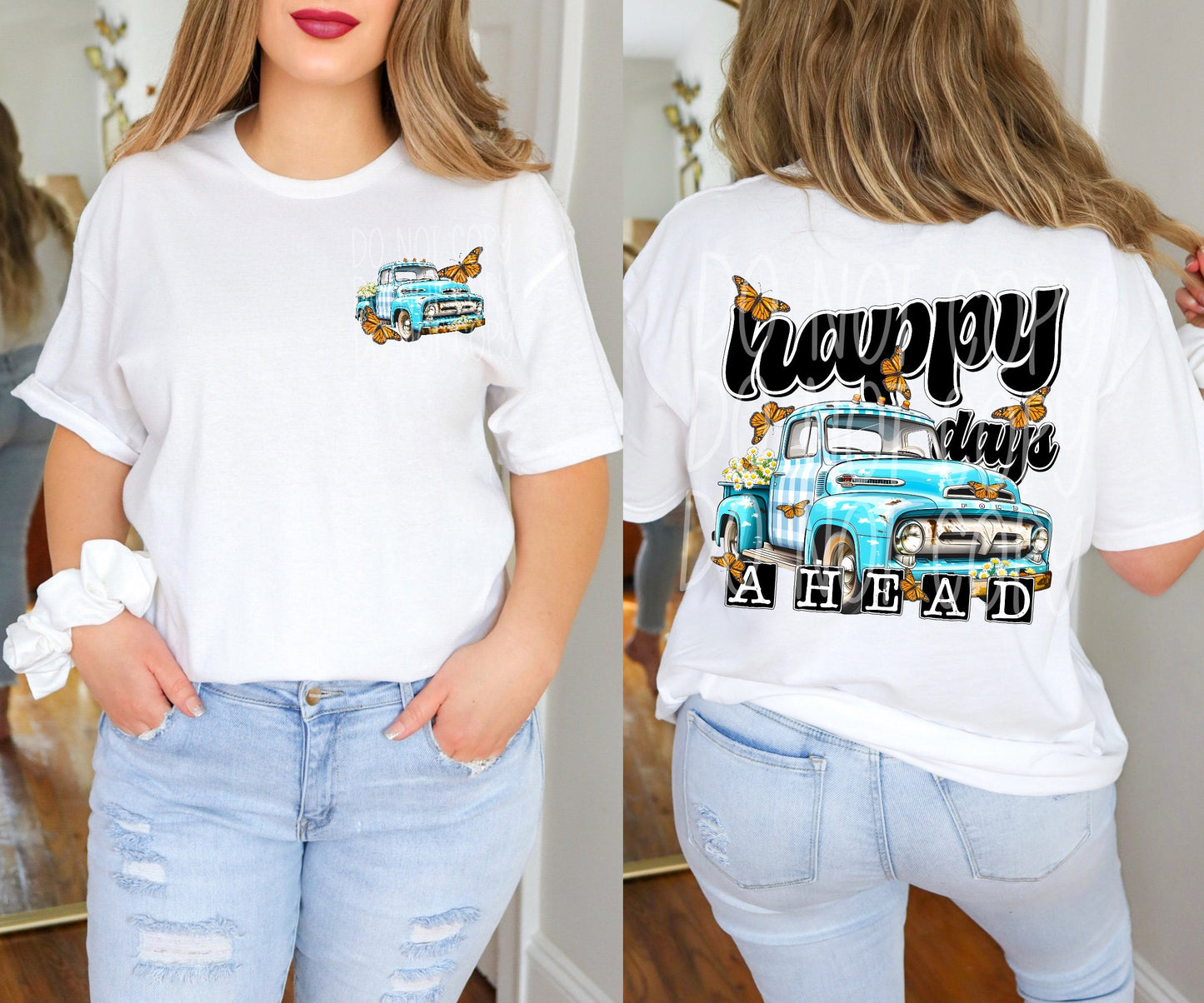 HAPPY DAYS AHEAD- POCKET PRINT DOUBLE SIDED TEE