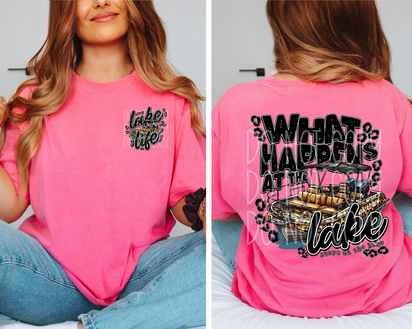 WHAT HAPPENS AT THE LAKE- POCKET PRINT DOUBLE SIDED TEE