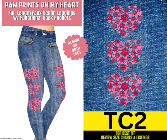 Paw Prints On My Heart Full Length Faux Denim w/ Side Leg Designs
