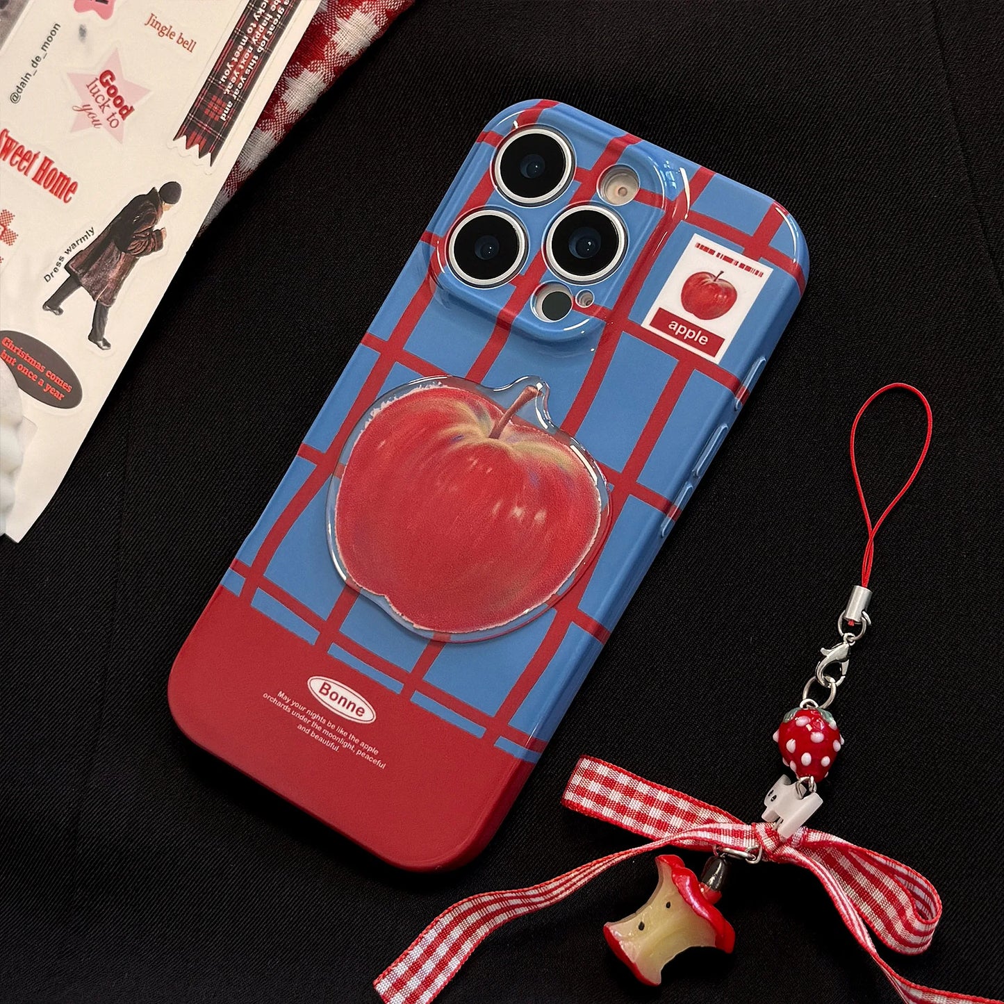 Korean Cute 3D Red Apple Lattice Phone Case With Chain For iPhone