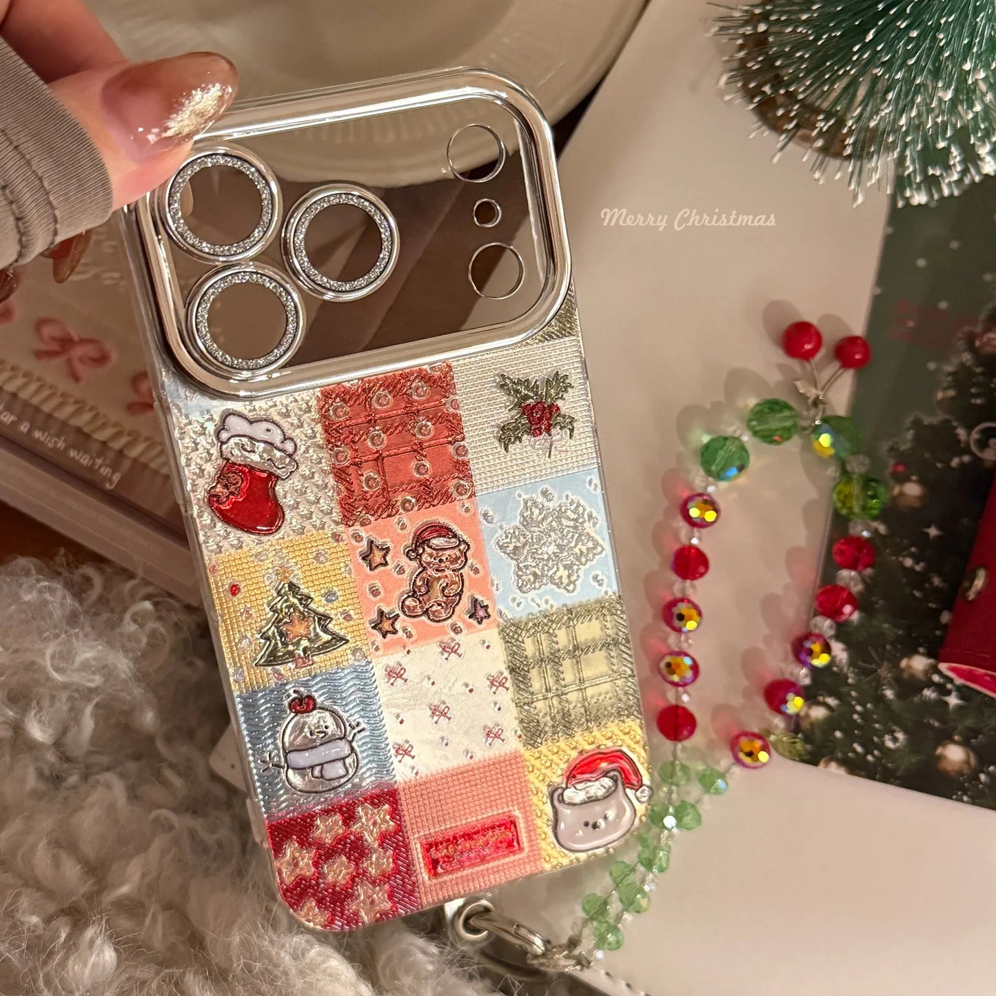 Korean Christmas Grid Pattern Glitter Phone Case For iPhone