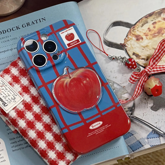 Korean Cute 3D Red Apple Lattice Phone Case With Chain For iPhone