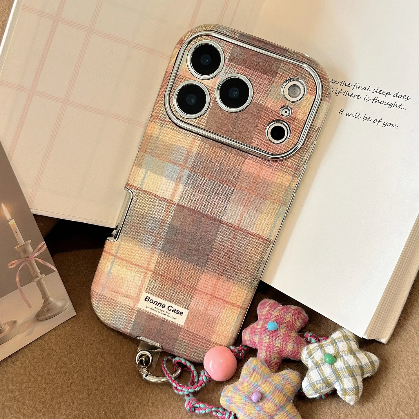 Korean Grid Pattern Cloth Texture Plating Phone Case With Stars Strap For iPhone