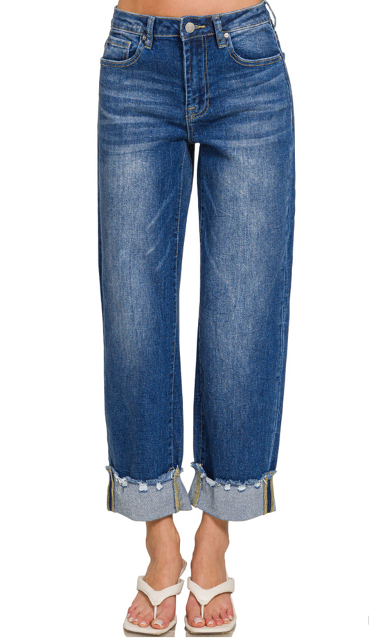 WIDE CUFF RAW HEM DENIM PANTS - ZENANA