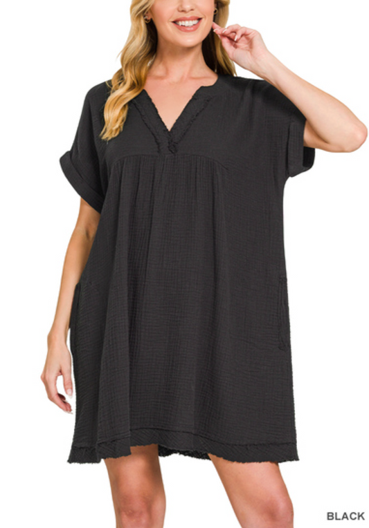 DOUBLE GAUZE RAW EDGE V-NECK DRESS COVERUP