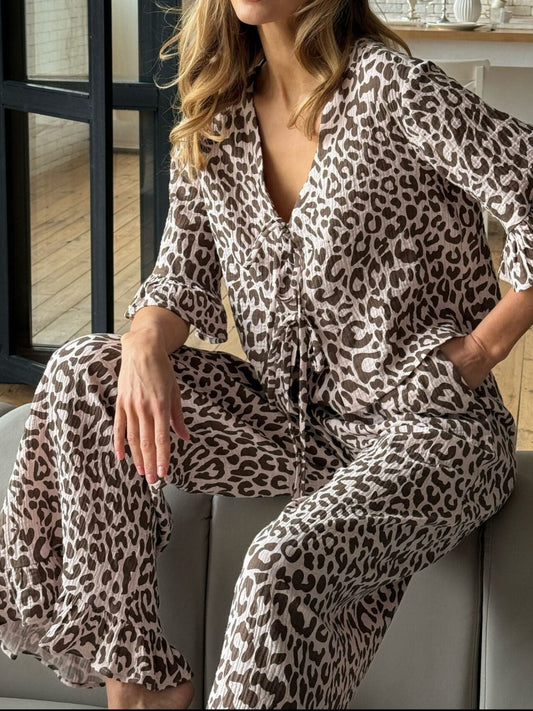 LEOPARD PRINT RUFFLE TRIM AND PANTS LOUNGE SET