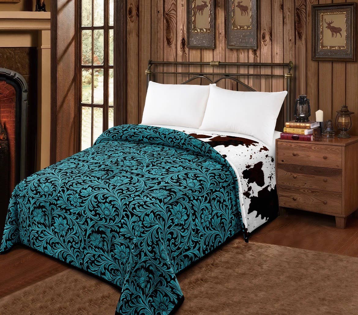 TURQUOISE FLORAL WITH COWPRINT REVERSIBLE BLANKET - OVERSIZED KING SIZE