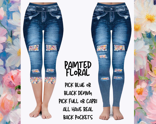 PAINTED FLORAL - DENIM RUN W/ BACK POCKETS - LEGGINGS/CAPRI