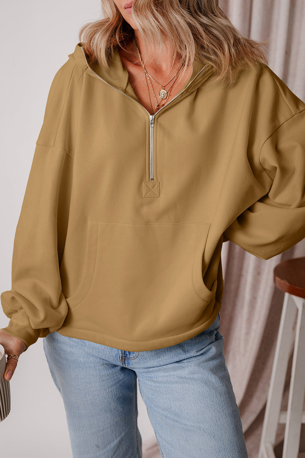 Kate Fleece Lined Half Zipper Kangaroo Pockets Loose Hoodie