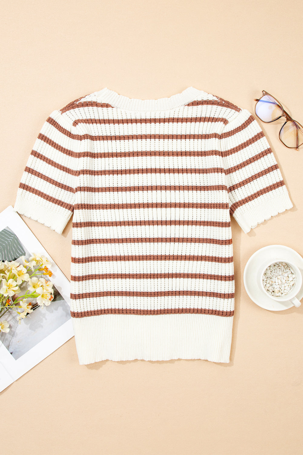 Eloise Stripe Scalloped Round Neck Short Sleeve Sweater