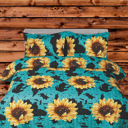 SOUTH OF LAREDO COLLECTION - SUNFLOWER AND COW PRINT - WESTERN 3 PIECE OVERSIZE KING BEDROOM SET