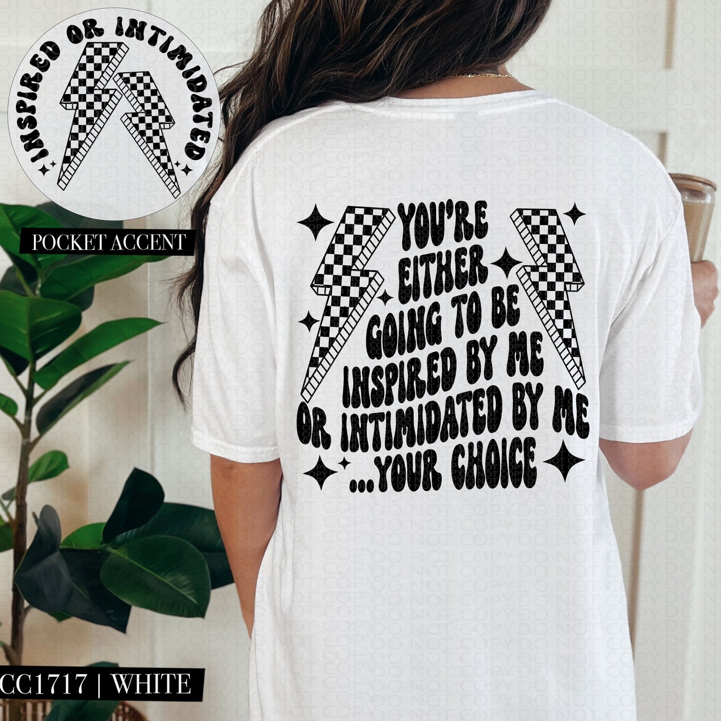 INSPIRED OR INTIMIDATED POCKET PRINT DOUBLE SIDED TEE